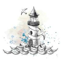 mer phare sur des pierres avec vagues et en volant mouettes. eps main tiré noir et blanc vecteur graphique illustration. isolé composition