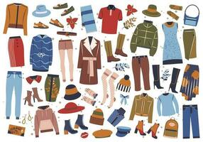 main tiré vêtements, des chaussures et accessoires gros ensemble. femelle l'automne vêtements, Sacs, chaussures, manteaux, chandails, Chapeaux dans décontractée style. plat graphique vecteur des illustrations isolé sur blanc Contexte