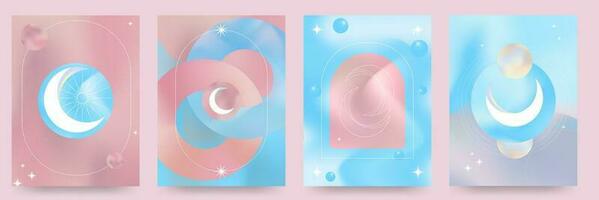ensemble de bleu et rose pastel pente arrière-plans. les lunes et géométrique lignes dans liquide dégradés, écoulement style. holographique formes. vecteur abstrait art.