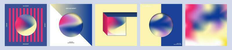 ensemble de brillant bleu, rouge, Jaune liquide dégradés géométrique carte affiche ouvrages d'art couvertures. coloré pente carré carte mises en page dans géométrique et minimaliste conception. vecteur illustration.