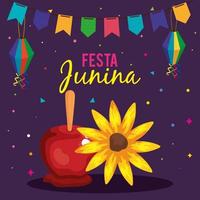 affiche festa junina avec pomme d'amour et tournesol vecteur