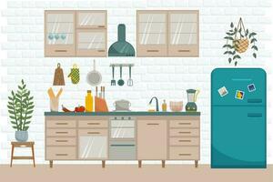 vecteur plat intérieur de cuisine. meubles tel comme poêle, armoire, vaisselle et frigo dans moderne style.