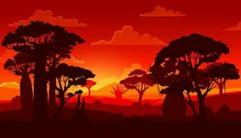 africain savane le coucher du soleil paysage silhouette vecteur