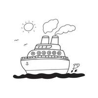 main tiré illustration vecteur graphique des gamins dessin style marrant croisière navire voile sur le mer dans une dessin animé style.