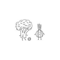 main tiré des gamins dessin style marrant mignonne des légumes brocoli et oignon en jouant football dans une dessin animé style vecteur