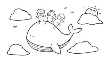 main tiré illustration vecteur graphique des gamins dessin style marrant mignonne les enfants équitation une bleu baleine dans une ciel dans une dessin animé style