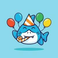 mignonne anniversaire requin avec des ballons vecteur dessin animé illustration