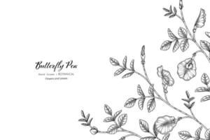 pois papillon fleur et feuille illustration botanique dessinée à la main avec dessin au trait vecteur