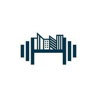 Gym et aptitude haltère logo modèle, Gym avec ville bâtiment, logo conception vecteur