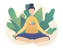 minuscule femme séance dans lotus pose. méditation concept. yoga en ligne, se détendre, des loisirs, en bonne santé mode de vie. moderne plat dessin animé style. vecteur illustration sur blanc Contexte