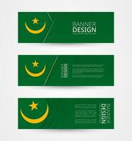 ensemble de Trois horizontal bannières avec drapeau de mauritanie. la toile bannière conception modèle dans Couleur de Mauritanie drapeau. vecteur