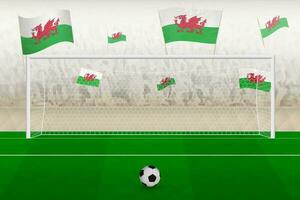 Pays de Galles Football équipe Ventilateurs avec drapeaux de Pays de Galles applaudissement sur stade, peine donner un coup concept dans une football correspondre. vecteur