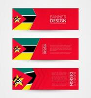 ensemble de Trois horizontal bannières avec drapeau de mozambique. la toile bannière conception modèle dans Couleur de mozambique drapeau. vecteur