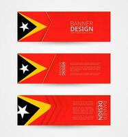 ensemble de Trois horizontal bannières avec drapeau de est Timor. la toile bannière conception modèle dans Couleur de est timor drapeau. vecteur