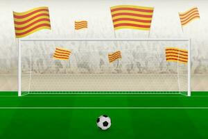 Catalogne Football équipe Ventilateurs avec drapeaux de Catalogne applaudissement sur stade, peine donner un coup concept dans une football correspondre. vecteur