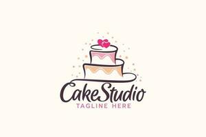 gâteau studio logo avec une combinaison de magnifique caractères et une gâteau dans ligne style. vecteur