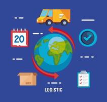 service logistique de livraison avec monde et icônes vecteur