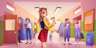 fille dans école couloir couloir dessin animé intérieur vecteur