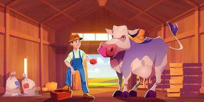 homme agriculteur avec vache dans Grange vecteur illustration