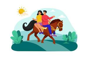 une couple va à cheval équitation le long de pittoresque les sentiers dans le Matin. vecteur