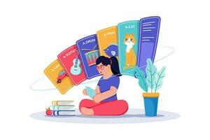 une étudiant les usages flashcards à mémoriser vocabulaire mots. vecteur