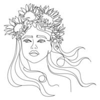 magnifique femme visage avec tournesols dans sa cheveux ligne art mode illustration esquisser dessin.jeune femme dans tournesols couronne et longue cheveux main tiré vecteur illustration