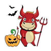 cool taureau porte rouge Halloween tenue. dessin animé content Halloween mignonne taureau avec citrouille, chauves-souris et trident. vecteur illustration