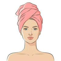 magnifique Jeune femme visage avec une baignoire serviette sur sa diriger. visage massage lignes. faciale massage instructions, vecteur illustration