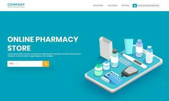 en ligne pharmacie boutique atterrissage page conception avec médical équipement, médicament sur isométrique téléphone intelligent. vecteur