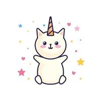 Adorable chat licorne fantaisie avec décoration coeurs et étoiles vecteur
