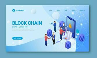 intelligent Contrat blockchain concept basé atterrissage page avec approbation en ligne Contrat papier de téléphone intelligent et affaires gens personnages. vecteur