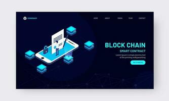 blockchain intelligent Contrat concept basé atterrissage page conception dans foncé bleu couleur. vecteur