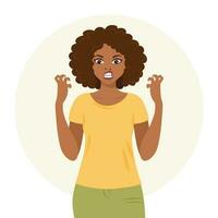 agressif femme avec en colère expression faire des gestes avec sa mains. Humain émotions. plat style illustration, vecteur