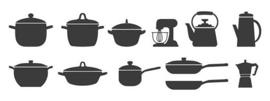 gros ensemble de cuisine ustensiles, silhouette. marmites, des casseroles, louche, bouilloire, café fabricant, mixer, mixeur. Icônes, vecteur