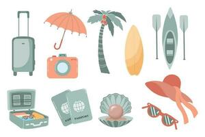 ensemble de voyage d'été, valises, passeport, appareil photo, lunettes de soleil, parapluie, chapeau, planche de surf, kayak. icônes, éléments de décor, vecteur