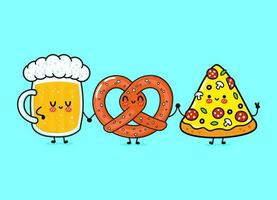 verre heureux mignon et drôle de bière, de pizza et de bretzel. personnages de kawaii de dessin animé dessinés à la main de vecteur, icône d'illustration. verre de dessin animé drôle de concept d'amis mascotte bière, pizza et bretzel vecteur