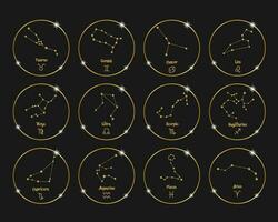 constellations de signes du zodiaque dans des cercles brillants dorés, ensemble. dessin doré sur fond noir. icônes, vecteur
