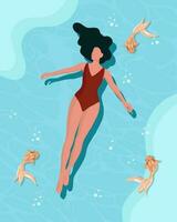 une jeune femme en maillot de bain turquoise se trouve sur l'eau dans la mer avec des poissons. illustration de vacances d'été, clipart, vecteur