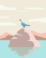 illustration d'été, oiseau mouette sur un rocher sur fond de paysage marin. clip art, impression, affiche vecteur