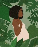 magnifique Enceinte femme dans une lumière robe sur une Contexte de tropical feuilles. affiche, imprimer, plat illustration vecteur