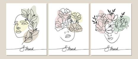 ligne art, ensemble de portraits de une femelle visage avec fleurs, noir ligne avec abstrait taches. Mars 8 carte postale ensemble, mur art, affiche vecteur
