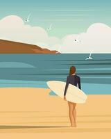 surfeuse au bord de la mer avec une planche de surf sur fond de paysage marin. concept de vacances actives, affiche, vecteur