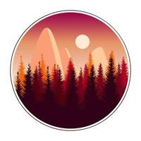 paysage de montagne, montagnes, sapins, arbres sur fond de coucher de soleil. impression, clipart, illustration vecteur