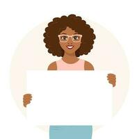 magnifique africain américain femme dans des lunettes en portant une Vide signe, panneau d'affichage. plat style illustration, vecteur