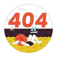 vacances plage Erreur 404 éclat message. mensonge bain de soleil fille à la recherche à océan. vide Etat ui conception. page ne pas a trouvé apparaitre dessin animé image. vecteur plat illustration concept sur blanc Contexte