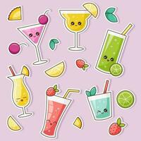 kawaii été des cocktails autocollant ensemble vecteur