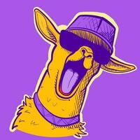 illustration de une Jaune et violet lama portant des lunettes de soleil et une hip hop chapeau. vecteur de une froussard alpaga en hurlant et montrant le sien langue