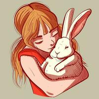 numérique art de une enfant en portant une gros blanc lapin dans sa bras. vecteur de une Jeune fille et sa lapin animal de compagnie étreindre