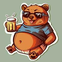 numérique art de une marron ours avec des lunettes de soleil et le sien ventre collage en dehors de le sien T-shirt. marrant grisonnant avec été ambiance en buvant une bière. vecteur