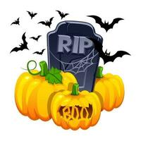 Halloween illustration avec citrouilles, pierre tombale et chauves-souris. Halloween objet pour salutation carte. vecteur